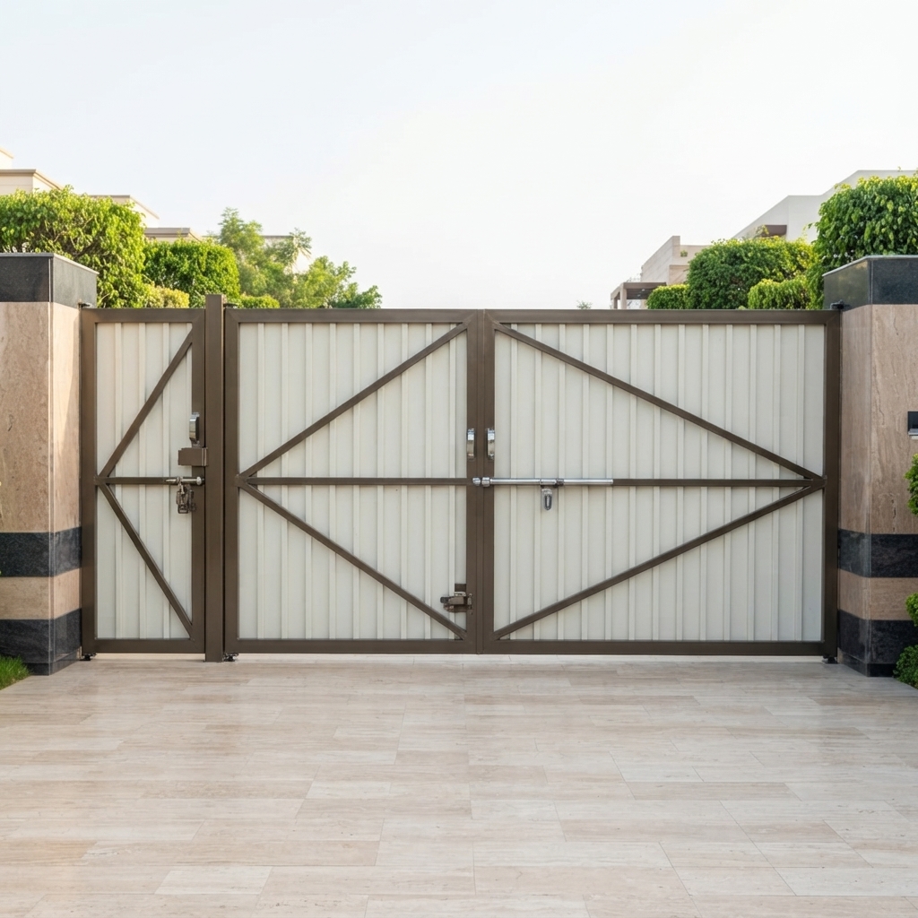 Heavy-Duty Dark Brown & Cream Multi-Panel Sliding Main Gate with Cross-Bracing