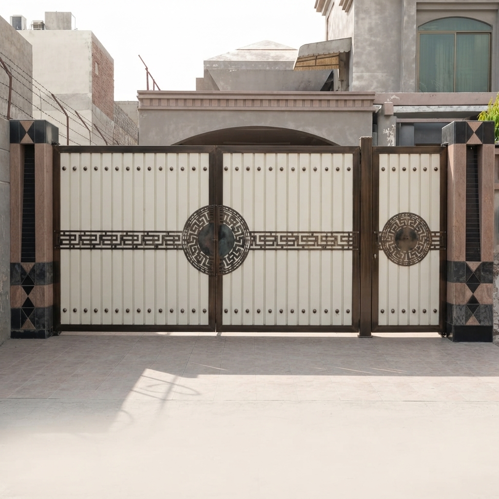 Modern Cream & Dark Brown Mother-Child Main Gate with Greek Key & Medallion Design