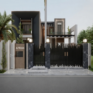 Luxury Modern Charcoal & Wood Staggered Slat Main Gate with Integrated Pedestrian Door