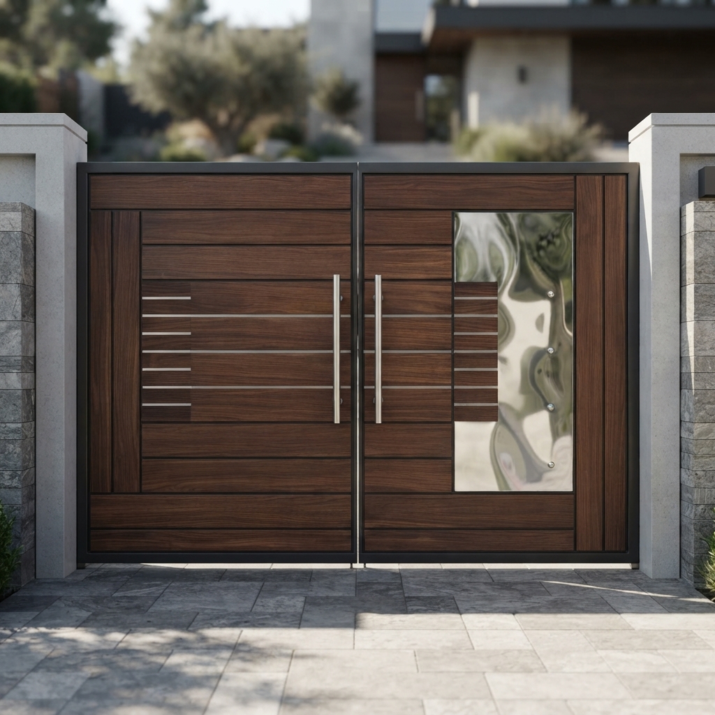 Luxury Modern Wood-Finish Double Swing Main Gate with Mirror Steel Accents