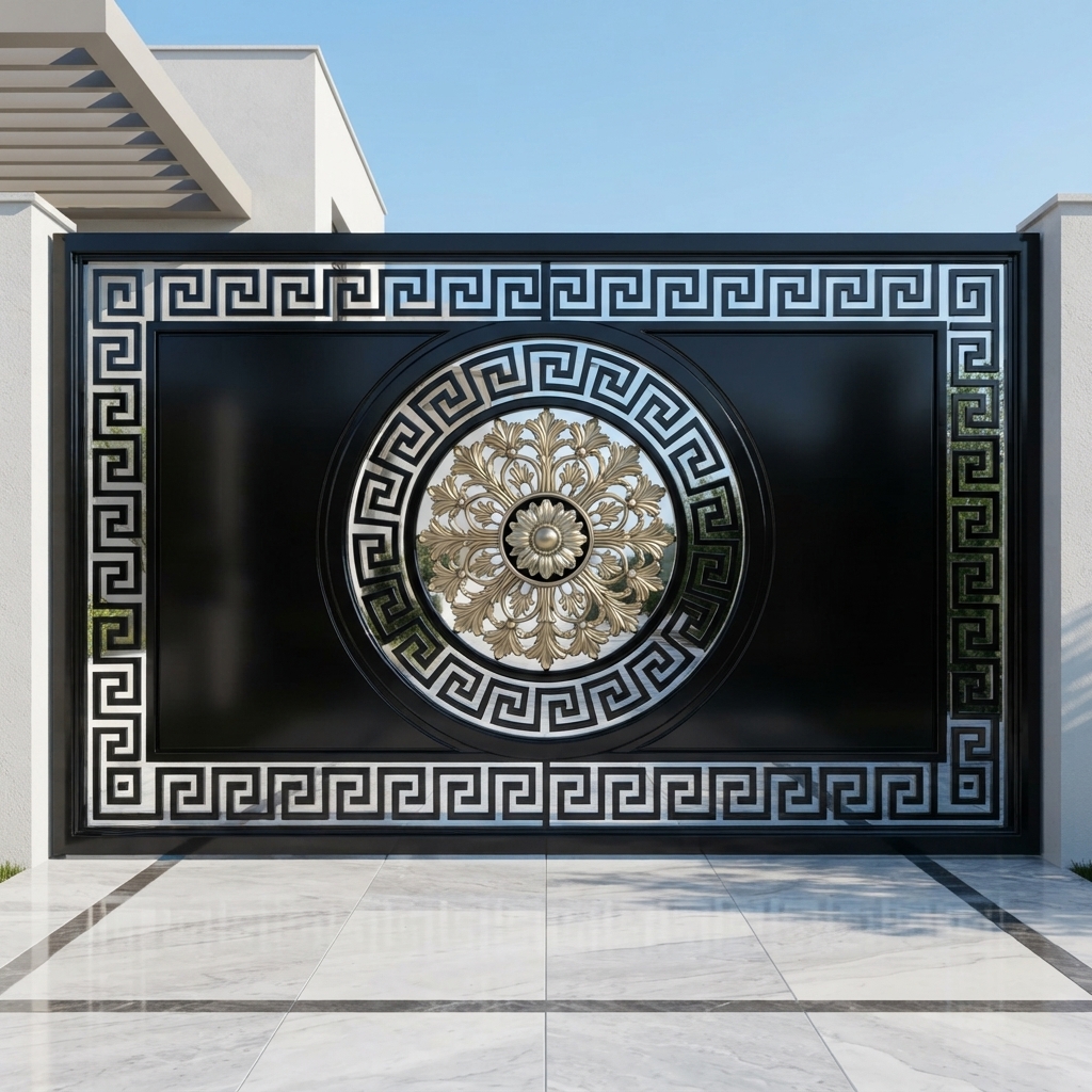 Luxury Modern Matte Black & Silver Double Swing Main Gate with Gold Floral Medallion & Greek Key Border