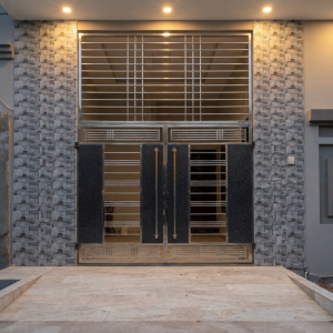 Heavy-Duty Stainless Steel Double Swing Security Gate with Ventilation Grille & Black Stone Panels