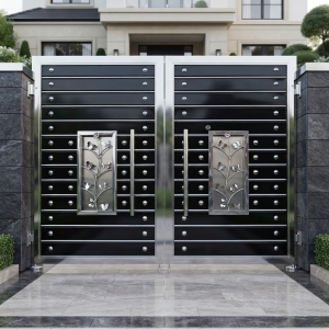 Luxury Modern Black & Stainless Steel Double Swing Main Gate with Floral Art Panels
