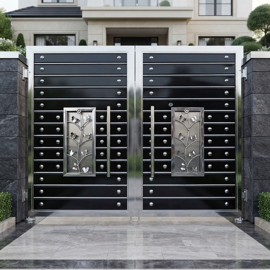 Luxury Modern Black & Stainless Steel Double Swing Main Gate with Floral Art Panels