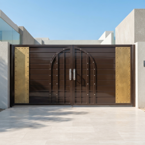 Heavy-Duty Dark Brown & Gold Arched Double Swing Main Gate with Textured Side Panels