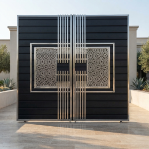 Ultra-Modern Matte Black & Stainless Steel Geometric Double Swing Main Gate with Lattice Panels