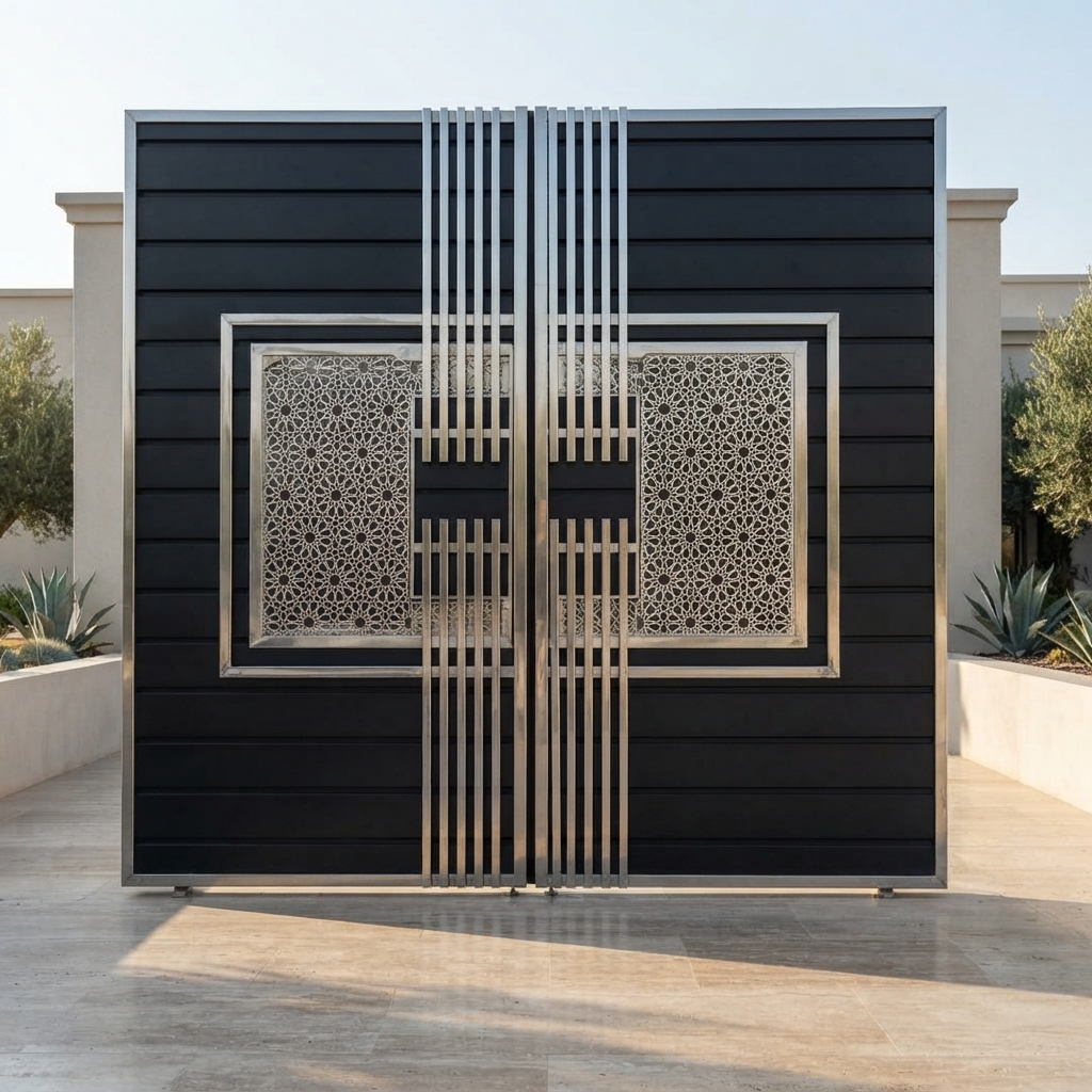 Ultra-Modern Matte Black & Stainless Steel Geometric Double Swing Main Gate with Lattice Panels