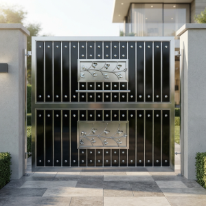 Modern Glossy Black & Stainless Steel Double Swing Main Gate with Floral Art Panels & Rivet Detailing