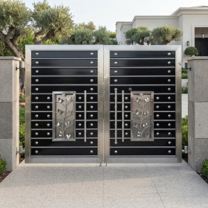 Modern Glossy Black & Stainless Steel Double Swing Main Gate with Floral Art Inserts