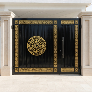 Luxury Glossy Black & Gold Mother-Child Double Swing Main Gate with Greek Key Medallion
