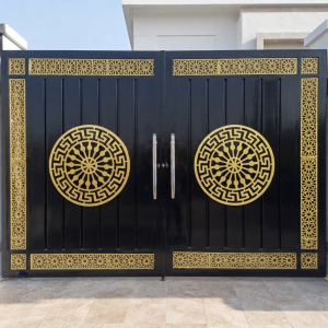Luxury Glossy Black & Gold Symmetrical Double Swing Main Gate with Greek Key Medallions