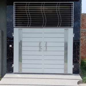 Modern Light Grey & Stainless Steel Double Swing Main Gate with Top Ventilation Grille