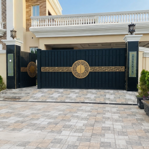 Royal Navy Blue & Gold Mother-Child Main Gate with Greek Key Medallions & Integrated Pedestrian Door
