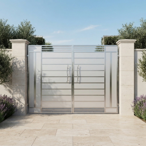 Ultra-Modern Light Grey & Stainless Steel Double Swing Main Gate with Horizontal Slats