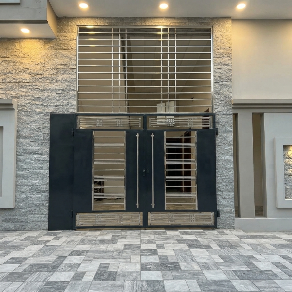 Heavy-Duty Matte Black & Stainless Steel Double Swing Security Gate with Ventilation Grille
