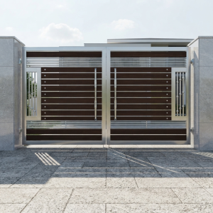 Modern Dark Wood-Tone & Stainless Steel Double Swing Main Gate with Horizontal Slats