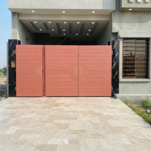 Modern Terracotta & Black Mother-Child Main Gate with Greek Key Detailing