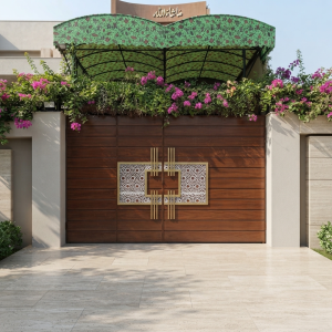 Luxury Wood-Tone Double Swing Main Gate with Central Geometric Jaali Panel & Gold Accents