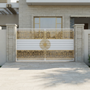 Luxury Light Grey & Gold Double Swing Main Gate with Floral Filigree & Greek Key Borders