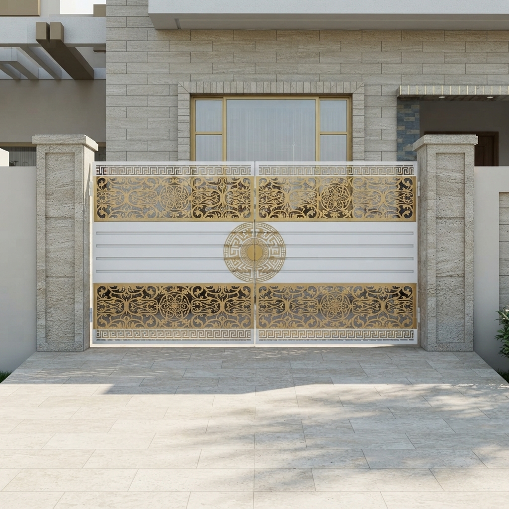 Luxury Light Grey & Gold Double Swing Main Gate with Floral Filigree & Greek Key Borders