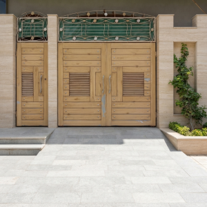 Modern Light Wood-Tone & Green Glass Mother-Child Main Gate with Louvered Panels