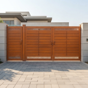 Modern Wood-Tone Mother-Child Main Gate with Floral Lattice Accents
