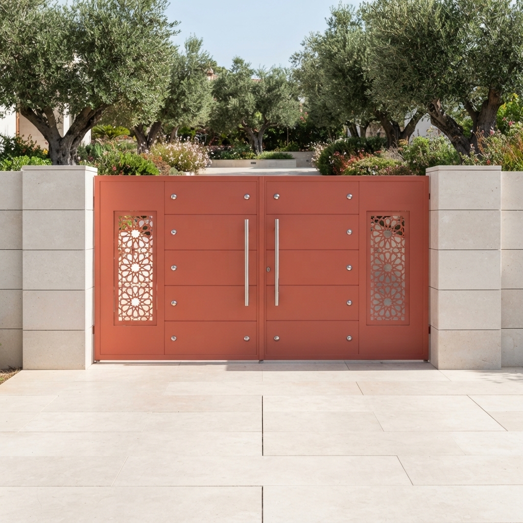 Modern Terracotta & Stainless Steel Double Swing Main Gate with Floral Lattice Panels