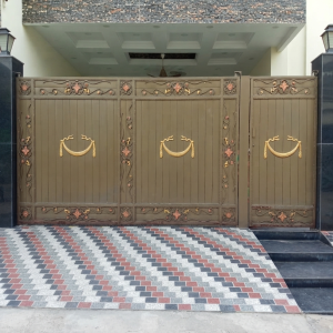 Classic Bronze & Gold Mother-Child Main Gate with Ornate Floral Scrollwork