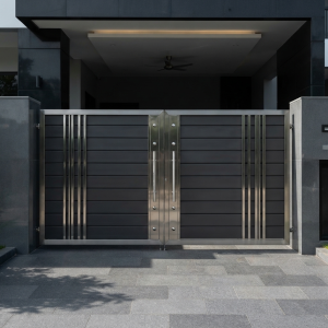 Ultra-Modern Dark Grey & Stainless Steel Double Swing Main Gate with Vertical Accents