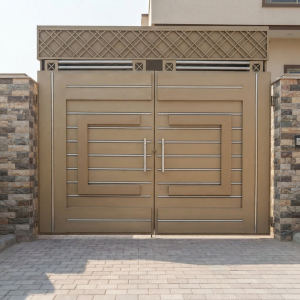 Modern Bronze & Silver Geometric Double Swing Main Gate with Top Lattice Design