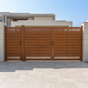 Luxury Wood-Tone Triple Panel Mother-Child Main Gate with Floral Lattice Accents