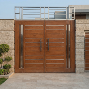 Modern Wood-Grain Double Swing Main Gate with Stainless Steel Railing & Vertical Accents