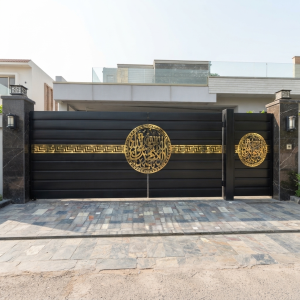 Luxury Black & Gold Mother-Child Main Gate with Arabic Calligraphy & Greek Key Detailing