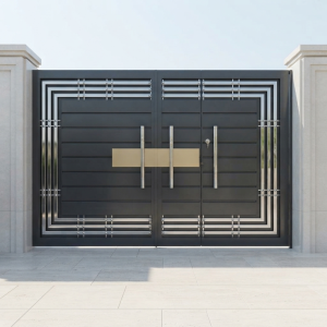 Modern Matte Black & Silver Geometric Double Swing Main Gate with Central Accent Panel