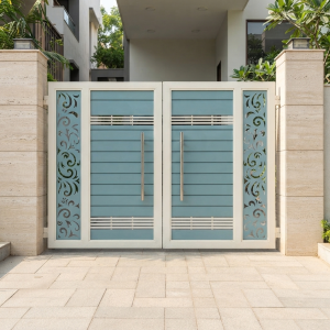Modern Teal & Cream Double Swing Main Gate with Floral Laser-Cut Panels
