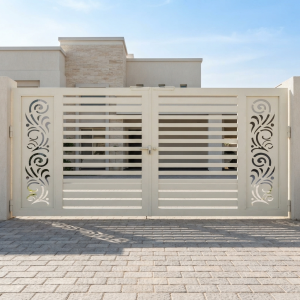 Modern Ivory Double Swing Main Gate with Floral Laser-Cut Panels & Horizontal Slats