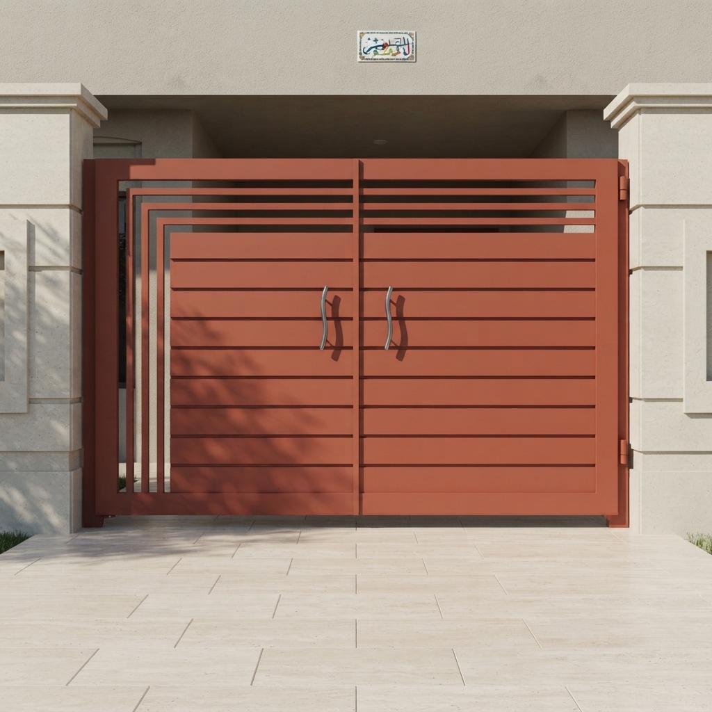 Modern Terracotta Double Swing Main Gate with Horizontal Slats & Stepped Open Frame