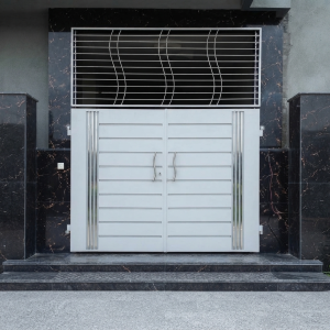 Modern Light Grey & Stainless Steel Double Swing Main Gate with Top Ventilation Grille