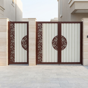 Modern Brown & Cream Mother-Child Main Gate with Floral Laser-Cut Motifs