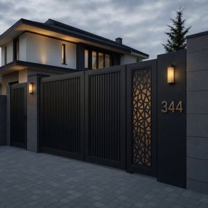 Ultra-Modern Matte Black Sliding Main Gate with Geometric Lattice Panel & Integrated Pedestrian Door