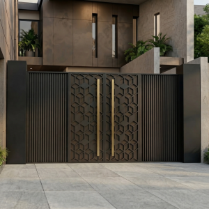 Luxury Bronze & Gold Geometric 3D Lattice Double Swing Main Gate