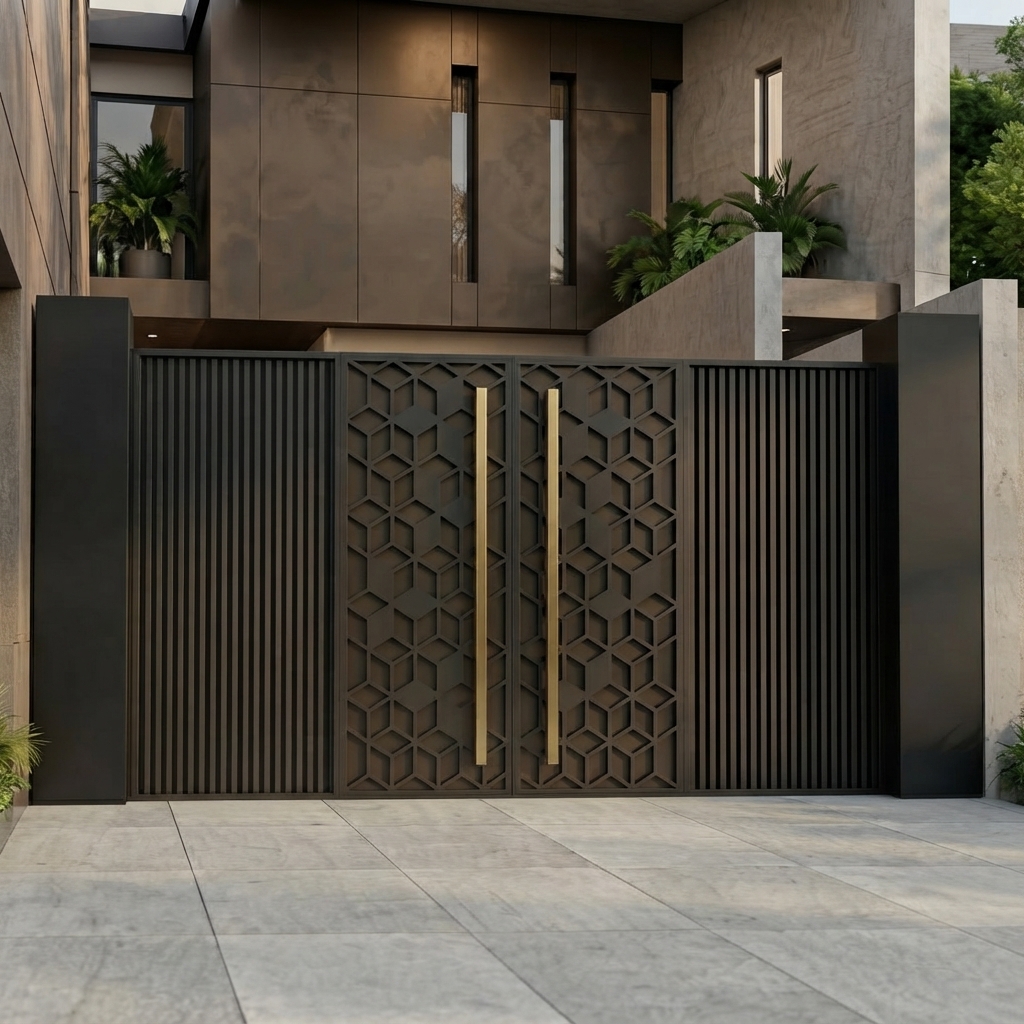 Luxury Bronze & Gold Geometric 3D Lattice Double Swing Main Gate