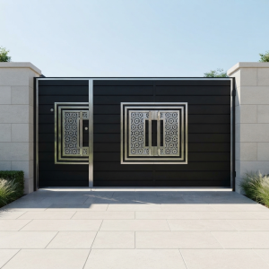 Modern Matte Black Double Swing Main Gate with Integrated Pedestrian Gate & Stainless Steel Geometric Accents