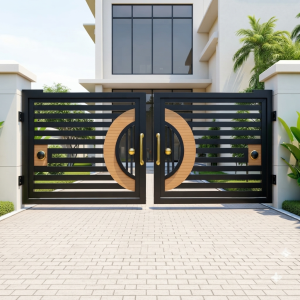 Modern Black Metal & Wood-Tone Semi-Circular Double Swing Main Gate with Gold Accents