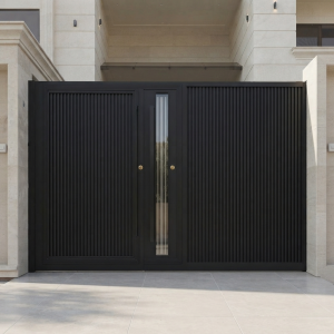 Ultra-Modern Matte Black Double Swing Main Gate with Central Glass Pedestrian Door