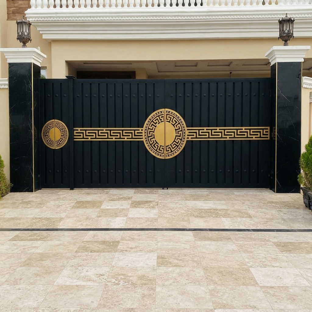 Luxury Black & Gold Greek Key Double Swing Main Gate with Pedestrian Access
