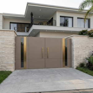 Modern Taupe & Gold Double Swing Main Gate with Vertical Glass Inserts