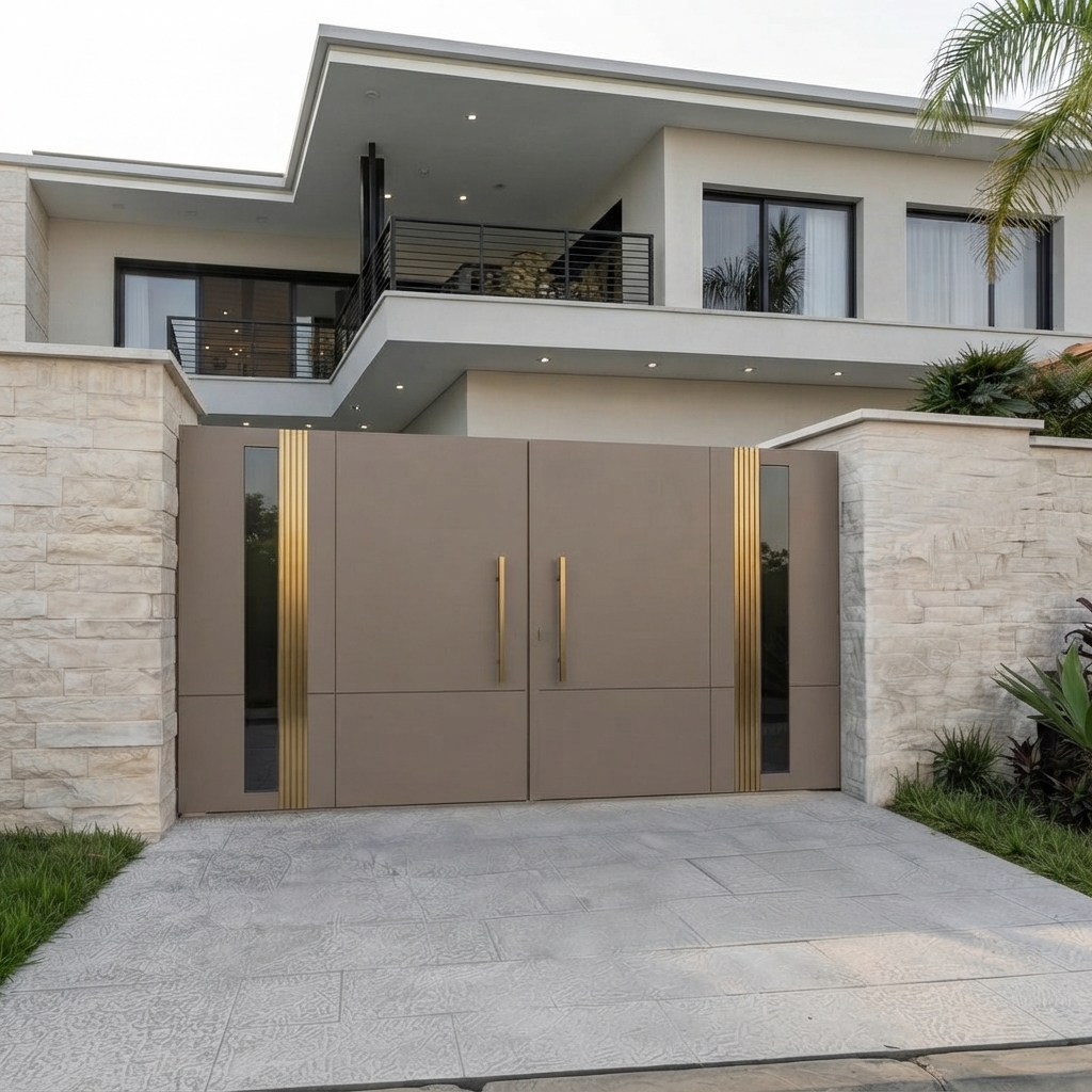 Modern Taupe & Gold Double Swing Main Gate with Vertical Glass Inserts