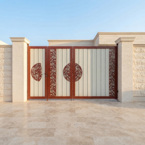 Modern Brown & Cream Mother-Child Main Gate with Floral Laser-Cut Motifs