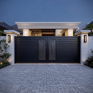 Ultra-Modern Matte Black Double Swing Main Gate with Geometric Maze Accent Panels